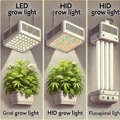 یک تصویر مقایسه دقیق که سه نوع چراغ رشد گیاه را نشان می دهد - یک چراغ رشد LED، یک چراغ رشد HID و یک چراغ رشد فلورسنت. هر نور